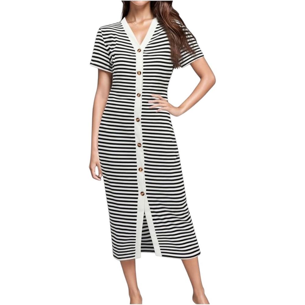 Black and White Striped Short Sleeve Midi Dress Faux Button Detail  Size Medium
